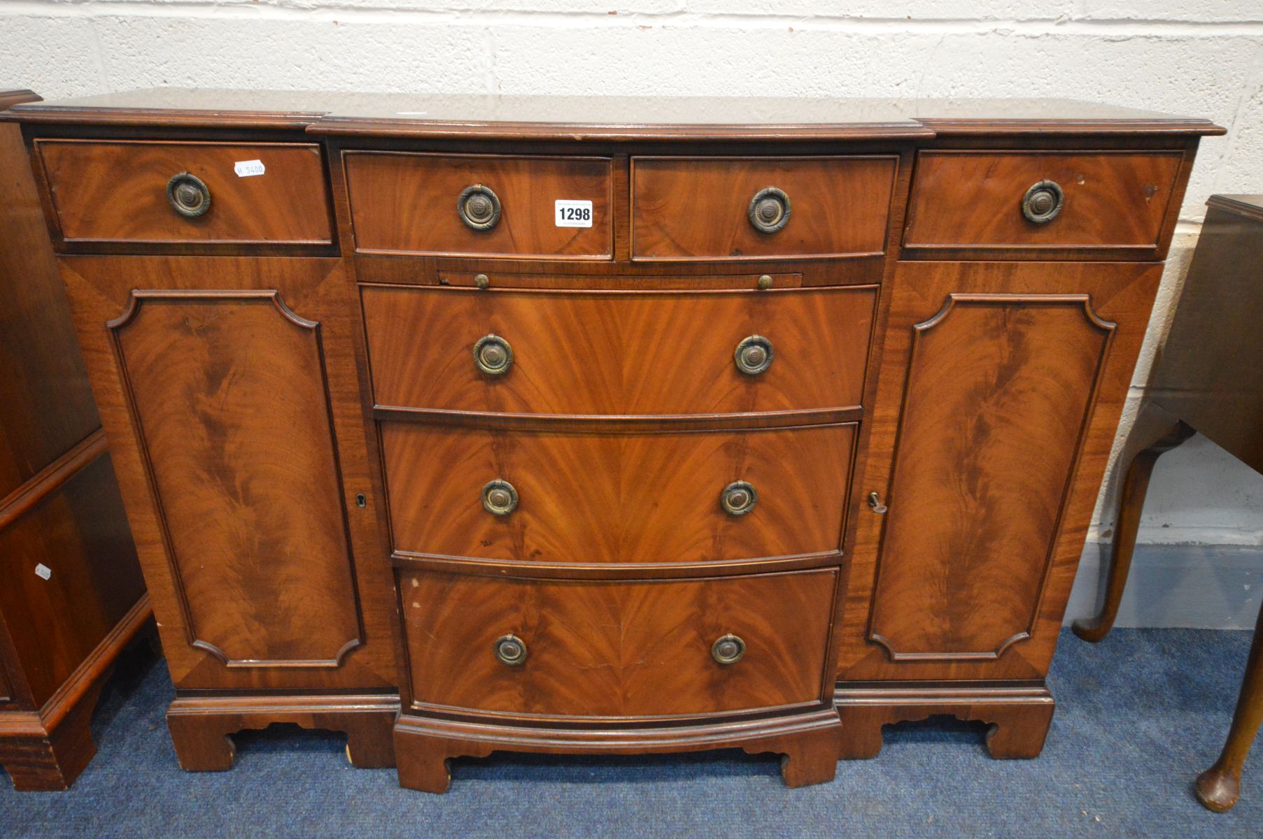 A SMALL MAHOGANY BREAKFRONT SIDEBOARD, width 106cm x depth 33cm x height 77cm (key) a small yew wood - Image 3 of 4