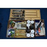 FOUR BOXES OF COLLECTABLES, CUTLERY, HABERDASHERY, ETC, including packets of zips, stainless steel