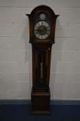 AN OAK LONGCASE CLOCK, the hood enclosing a 9 inch dial with tempus fugit label to arch, spandrels
