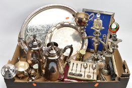 A BOX OF MAINLY SILVER PLATED WARE, to include a candelabra, bud vases, a four piece tea set, a