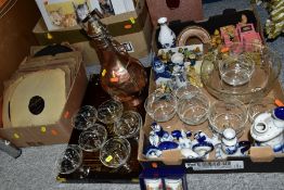 THREE BOXES AND LOOSE CERAMICS, GLASS, PICTURES, RECORDS, COPPER, ETC, to include USSR blue and