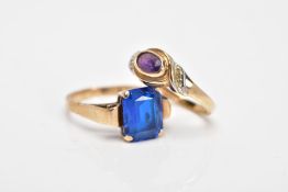 A 9CT GOLD AMETHYST AND DIAMOND RING AND A YELLOW METAL GEM SET RING, the first designed with a