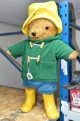 AN UNBRANDED TEDDY BEAR DRESSED AS PADDINGTON BEAR, felt pads to hands and feet, plastic nose and