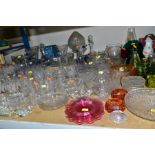 A GROUP OF GLASSWARE, including a set of six Webb Corbet cut glass sherry glasses, five Stuart cut