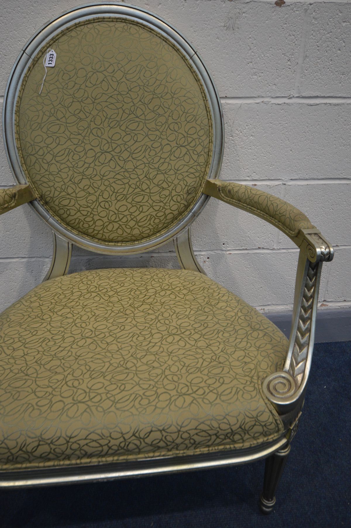 A REPRODUCTION LOUIS XVI STYLE OPEN ARMCHAIR, circular back, silver painted and patterned - Image 2 of 3