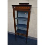 AN EDWARDIAN MAHOGANY, MARQUETRY AND STRUNG INLAID SINGLE DOOR DISPLAY CABINET, with a raised