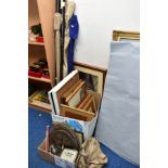 A SMALL QUANTITY OF FISHING EQUIPMENT AND A BOX OF PAINTINGS AND PRINTS, etc, the rods to include