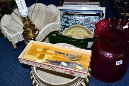 A BOX AND LOOSE OF BOOKS, CERAMICS, GLASS, ETC, including a large cranberry glass lamp shade, height