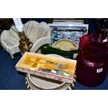 A BOX AND LOOSE OF BOOKS, CERAMICS, GLASS, ETC, including a large cranberry glass lamp shade, height