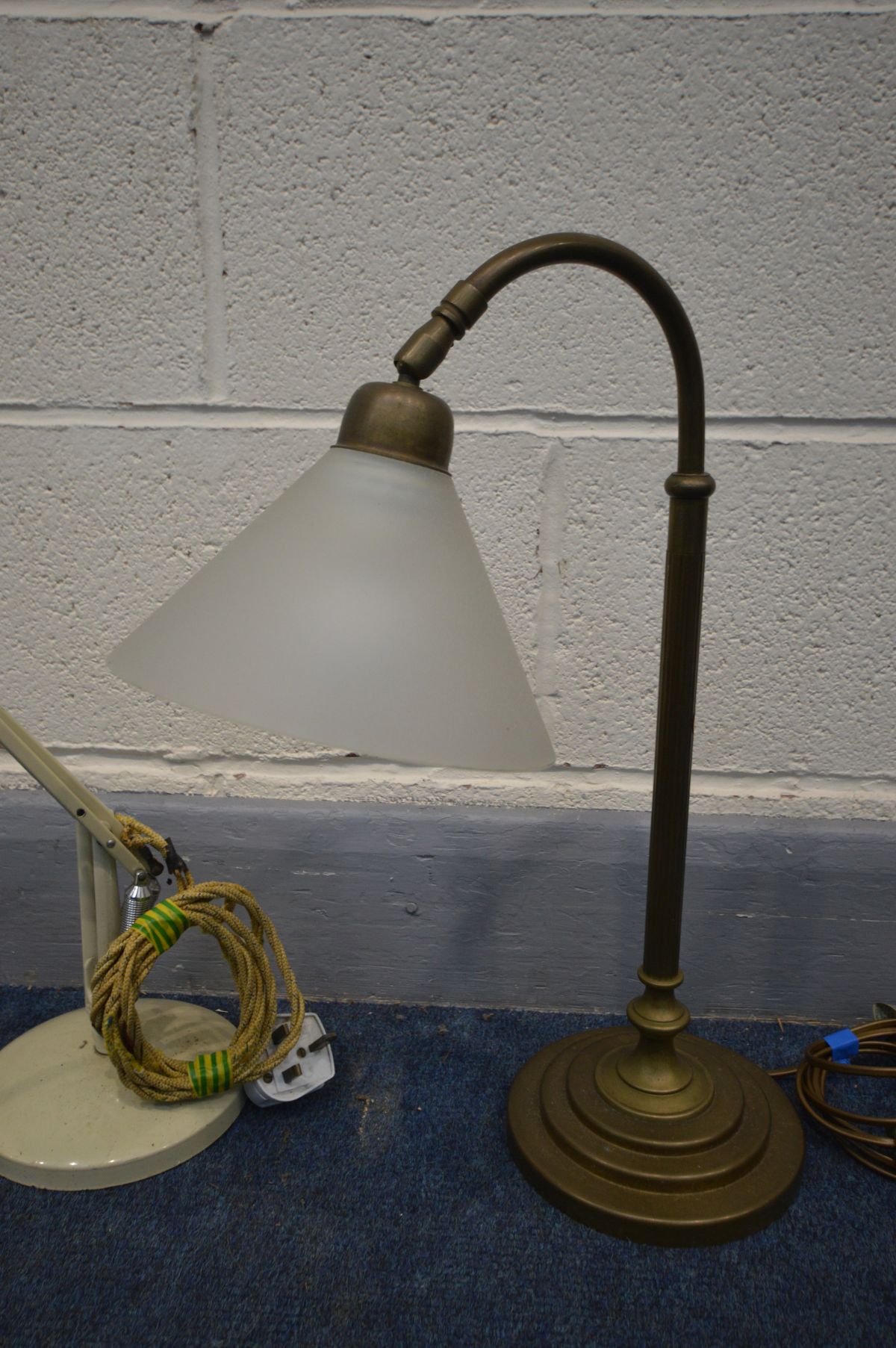 A LAURA ASHLEY BRASS TABLE LAMP, with a frosted glass shade, along with a cream Herbert Terry and - Image 2 of 4