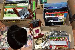 FOUR BOXES AND LOOSE BOOKS, RECORDS, SUNDRIES, ETC, to include a Eumig Servomatic cine camera, a