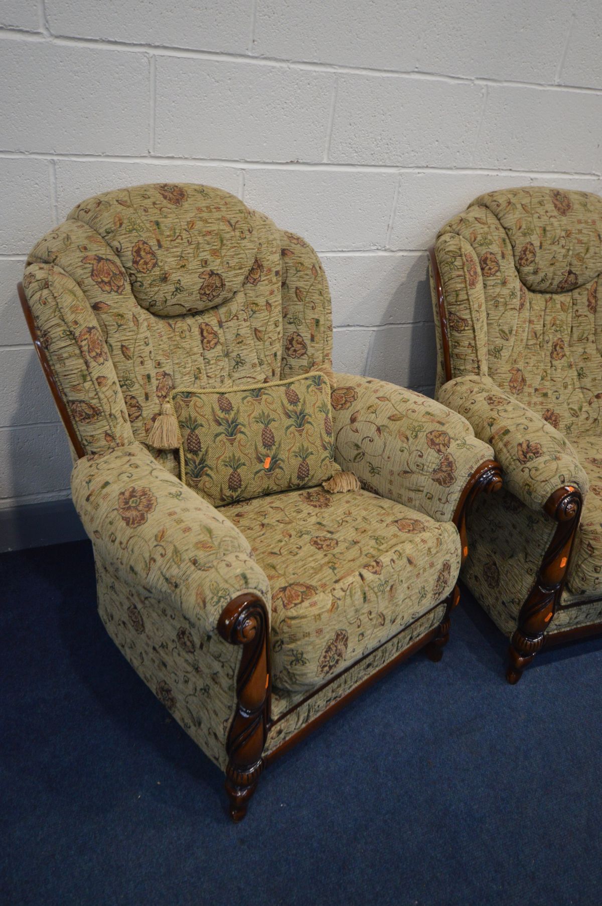 A WOOD AND UPHOLSTERED THREE PIECE SUITE, comprising a sofa, length 192cm and a pair of armchairs ( - Image 2 of 4
