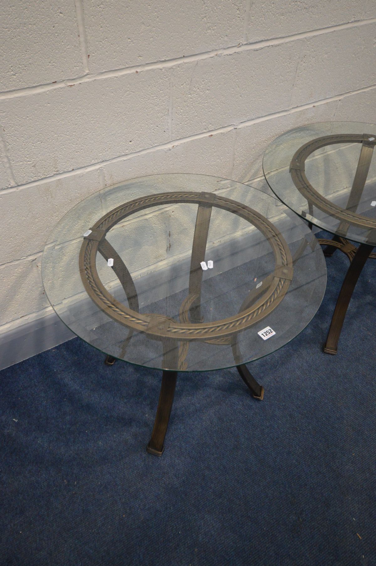 A PAIR OF MODERN METAL OCCASIONAL TABLES, with circular bevelled glass tops, diameter 66cm x - Image 2 of 3