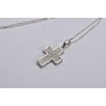 A 9CT WHITE GOLD DIAMOND SET PENDANT NECKLACE, the pendant in the form of a cross, set with single