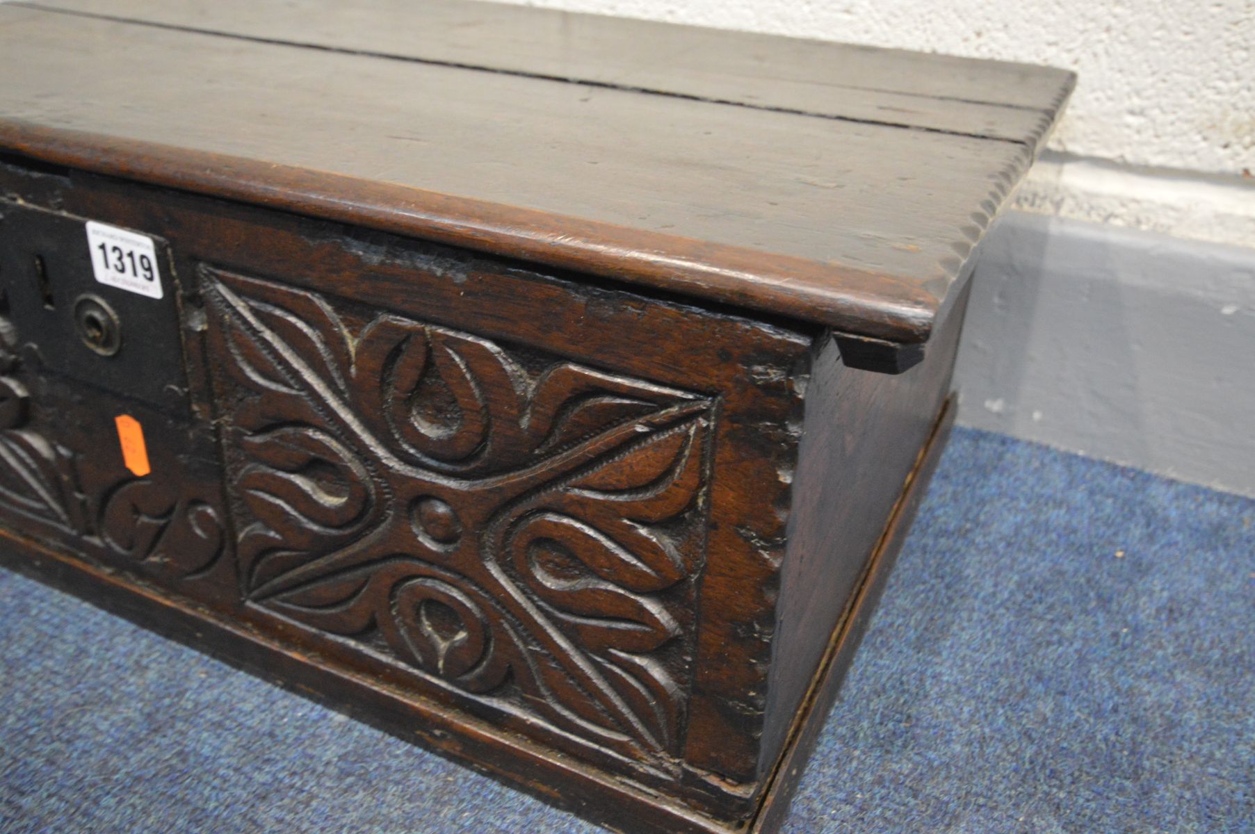 A GEORGIAN AND LATER CARVED OAK BIBLE BOX, width 59cm x depth 38cm x height 22cm (front and lid - Image 2 of 4