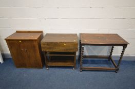 THREE PIECES OF OAK FURNITURE, to include a carved oak occasional table with barley twist