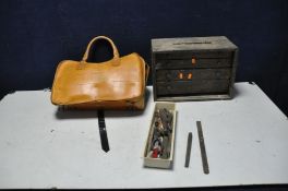 A VINTAGE ENGINEERS TOOLBOX and a Vintage Leather Telecom Engineers tool bag containing tools