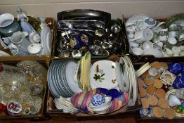 SIX BOXES CERAMICS, GLASS, STAINLESS STEEL ETC, to include Ringtons tea caddy's (80th