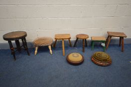 EIGHT VARIOUS STOOLS, of various styles, ages and woods, to include three milking stools,