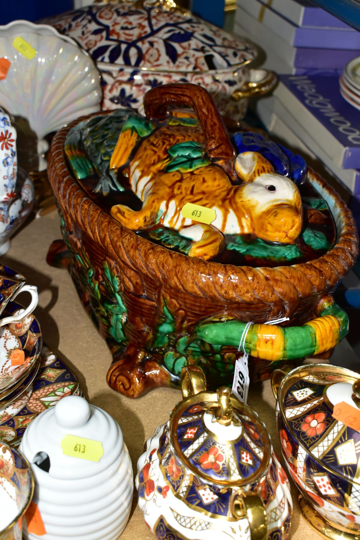 A GROUP OF CERAMICS AND GLASSWARE, including a reproduction majolica game pie dish, an Imari - Image 5 of 11