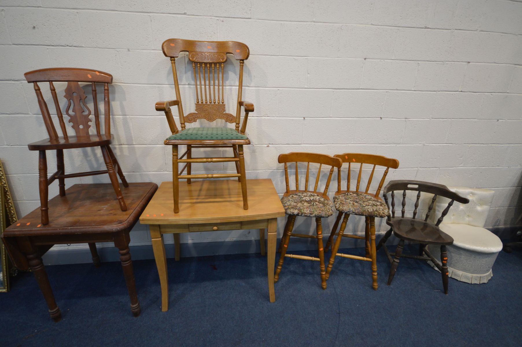 A BEECH FOLD OVER KITCHEN TABLE, square pine table with a single drop end, American style chair,