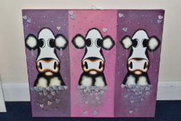 IN THE STYLE OF CAROLINE SHOTTON (BRITISH 1973) three quirky cows wearing earrings, unsigned, oil on