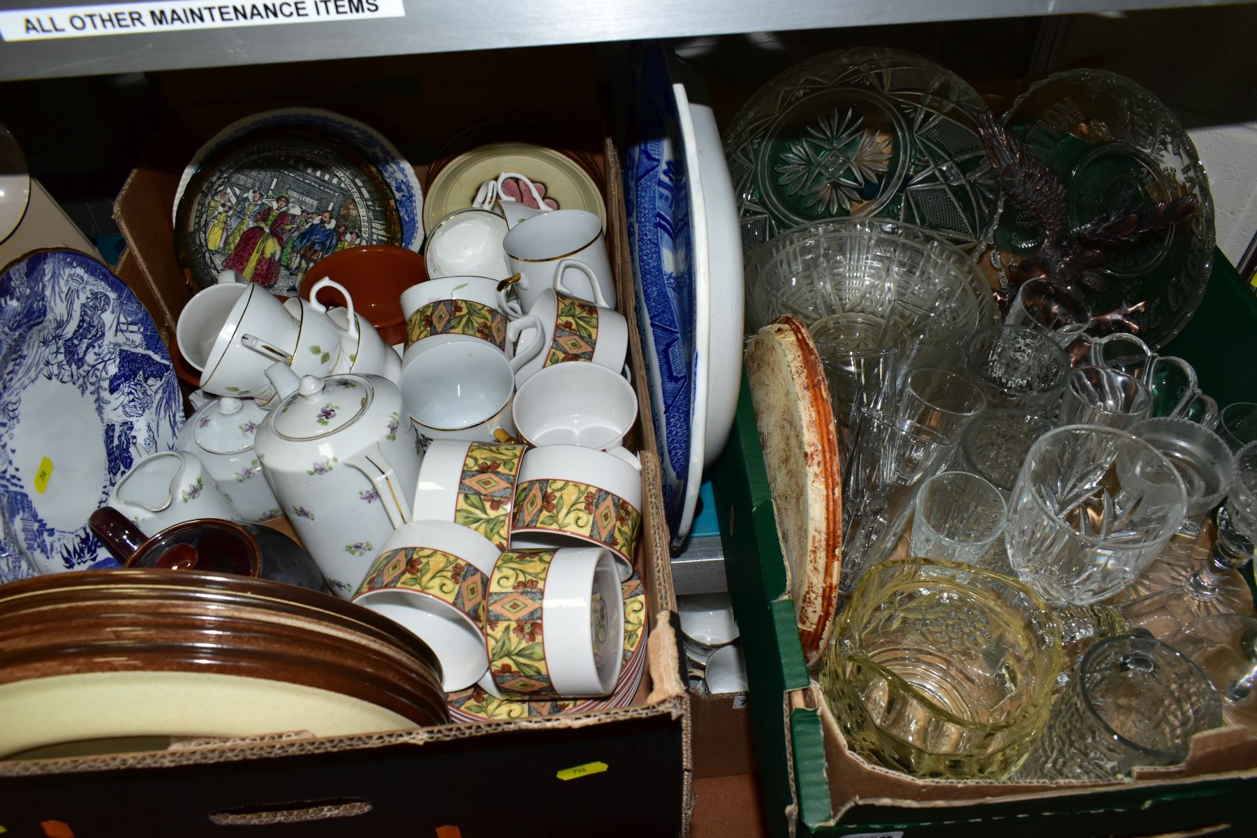 TWO BOXES OF CERAMICS AND GLASS etc to include Doulton Cinnabar coffee cups and saucers, other