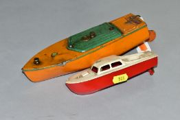 AN UNBOXED HORNBY TINPLATE CLOCKWORK SPEEDBOAT, 'Martin', missing key, orange with green hatch