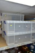 FIVE 50 LTR STACKING PLASTIC STORAGE BOXES, with lids and carry handles branded 'Really Useful Box'