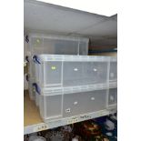 FIVE 50 LTR STACKING PLASTIC STORAGE BOXES, with lids and carry handles branded 'Really Useful Box'