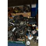 THREE BOXES AND LOOSE OF METALWARE including EPNS, trays, basket, candle holders, teawares, etc,