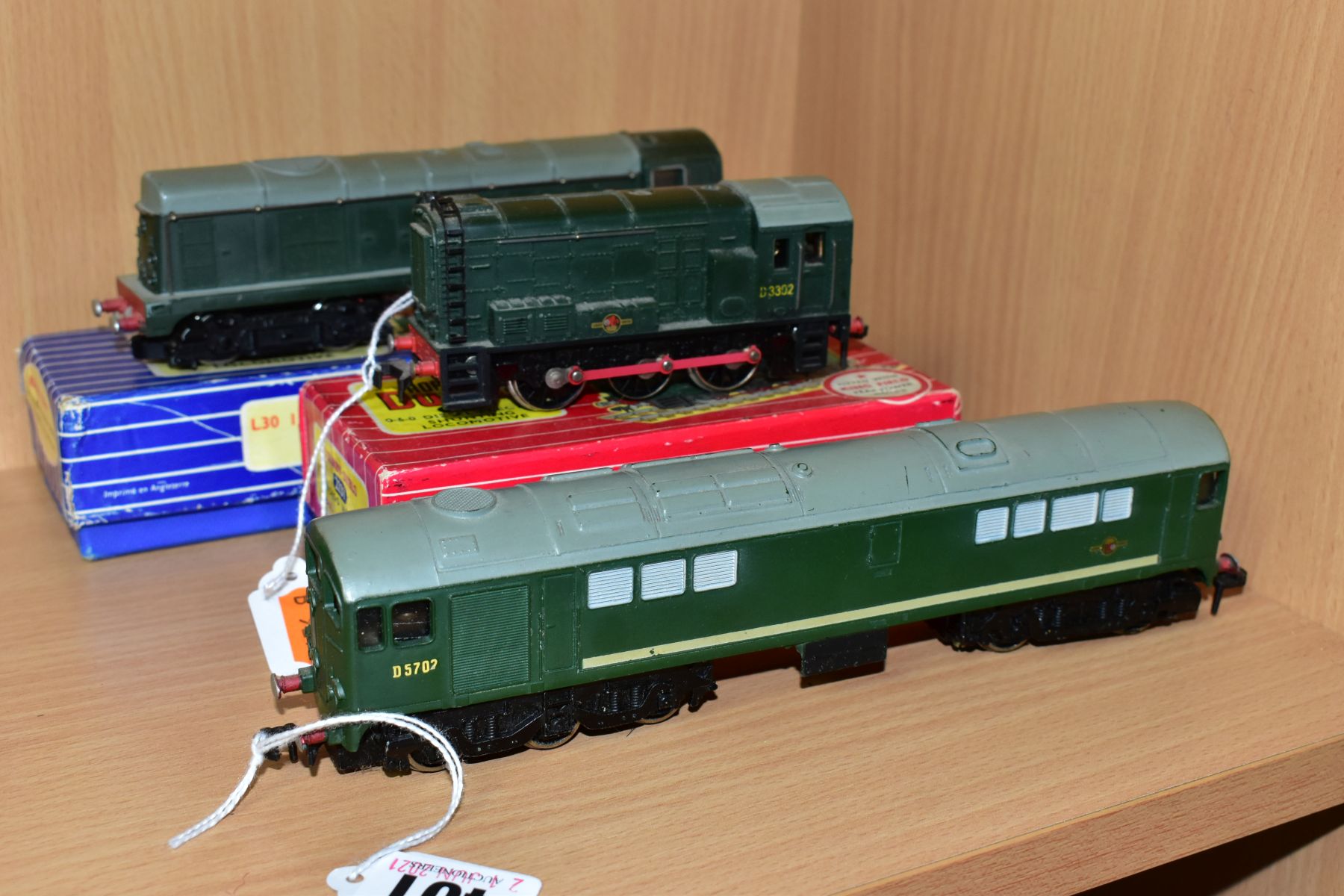 THREE HORNBY DUBLO TWO RAIL LOCOMOTIVES, boxed class 20 No. D8017 (2230), boxed class 08 No.
