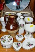 A GROUP OF CERAMICS INCLUDING TEN PIECES OF WEDGWOOD HATHAWAY PATTERN GIFTWARES, mostly vases,