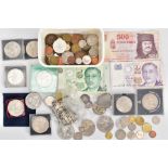 A SMALL AMOUNT OF MIXED COINS with a Zuid Africa halfcrown 1897 other silver coins, five pound coin,