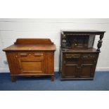 AN EARLY 20TH CENTURY OAK SIDEBOARD, with a raised back, one central drawer and cupboard door