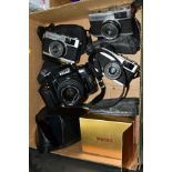 A BOX OF CAMERAS AND CASES, to include a Nikon F-601 35mm SLR film camera fitted with a sigma 35-
