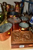 A GROUP OF COPPER AND BRASSWARE, including copper pan and cover, copper pan with brass handle,