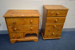 A PINE CHEST OF FOUR DRAWERS and a pine chest of two long and one short (2)