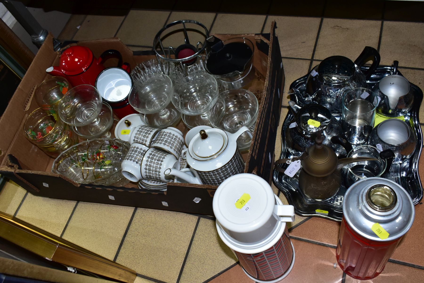 A BOX AND LOOSE TEAWARES AND GLASSWARES etc, to include a German 'Bareuther' six person coffee