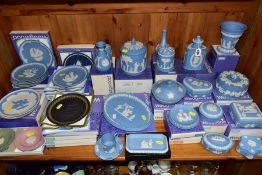 A COLLECTION OF WEDGWOOD JASPERWARE, mostly pale blue, majority of items boxed, including a tea