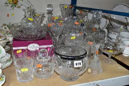 A GROUP OF GLASSWARE AND CUT GLASS, including four Stuart crystal champagne flutes, three matching