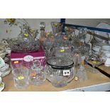 A GROUP OF GLASSWARE AND CUT GLASS, including four Stuart crystal champagne flutes, three matching