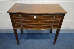 A REPRODUCTION MAHOGANY SERPENTINE THREE DRAWER CUTLERY CABINET, one drawer with pine green baize,