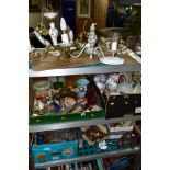 FOUR BOXES AND LOOSE SUNDRY ITEMS, ETC, to include ceramic and gilt metal ceiling and wall lights,