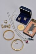 A BAG OF MISCELLANEOUS ITEMS, to include a boxed pair of white metal cufflinks, two white metal