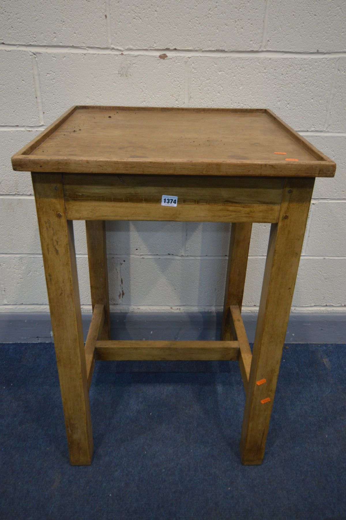 A TALL PINE SQUARE TABLE, on block legs united by a stretcher, 61cm squared x height 92cm - Image 2 of 2