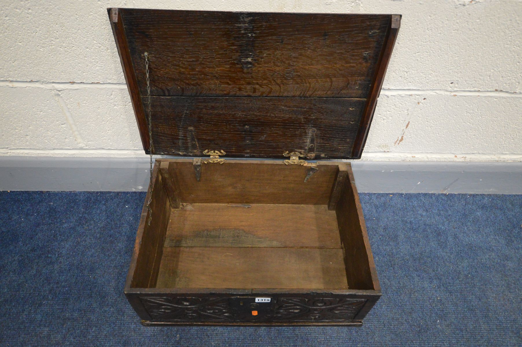 A GEORGIAN AND LATER CARVED OAK BIBLE BOX, width 59cm x depth 38cm x height 22cm (front and lid - Image 3 of 4