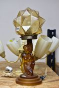 AN ART DECO WALTHER & SOHNE AMBER GLASS TABLE LAMP AND A PAIR OF CEILING LIGHTS, the table lamp with