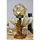 AN ART DECO WALTHER & SOHNE AMBER GLASS TABLE LAMP AND A PAIR OF CEILING LIGHTS, the table lamp with