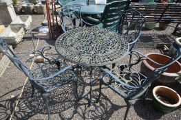 A BLACK ALUMINIUM CIRCULAR GARDEN TABLE, diameter 86cm x height 71cm and four armchairs (5)